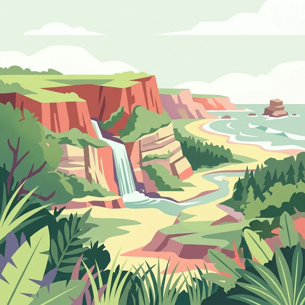 Stylized illustration of coastal cliffs, waterfall, sandy beach, and lush vegetation in Ussangoda National Park