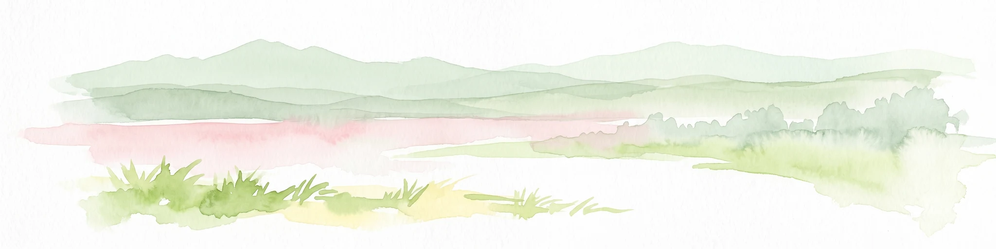 Ilustración en acuarela de un paisaje con colinas verdes, primer plano de hierba y cielo rosado