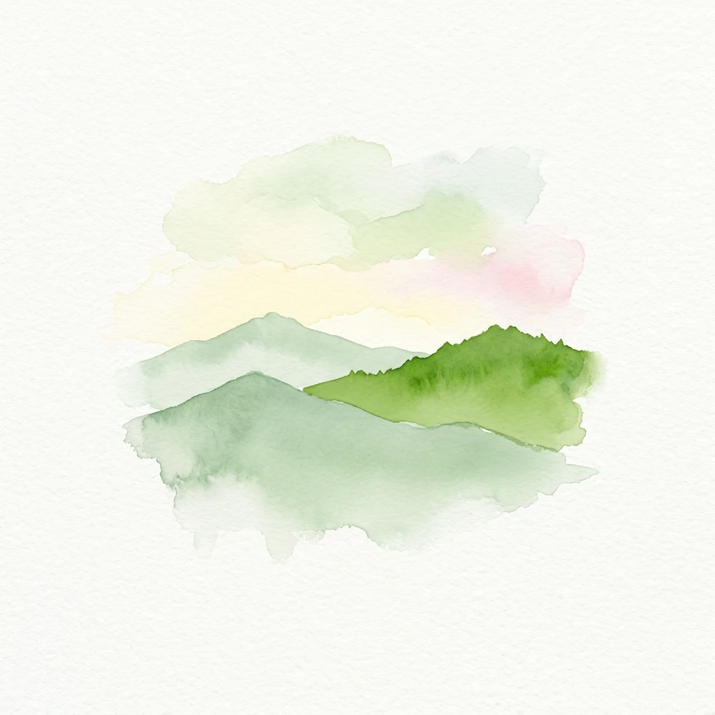 Watercolor illustration of green and blue mountain peaks under a pale sky with soft clouds