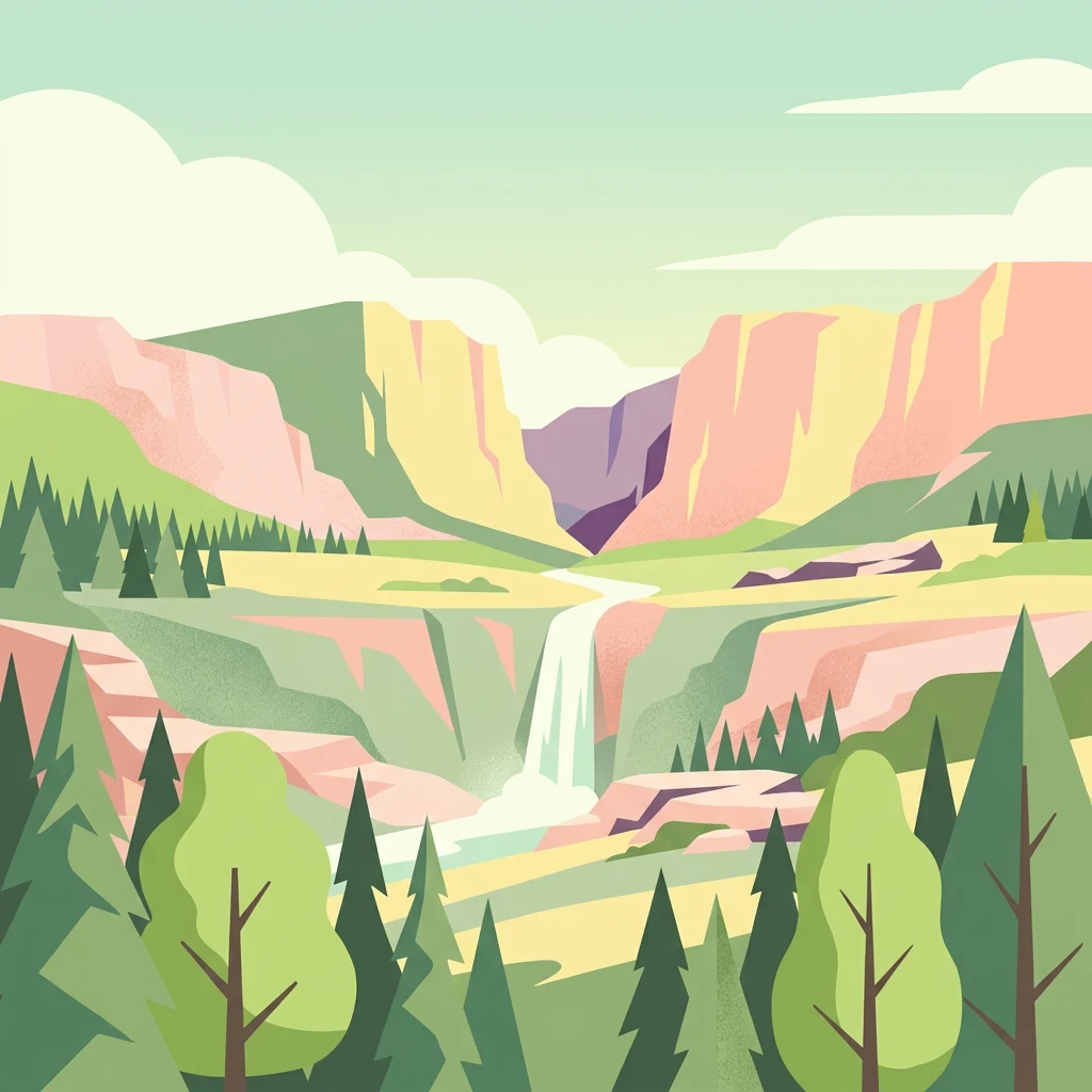 Ilustración estilizada de un paisaje montañoso con una cascada, bosques y formaciones rocosas coloridas bajo un cielo parcialmente nublado.