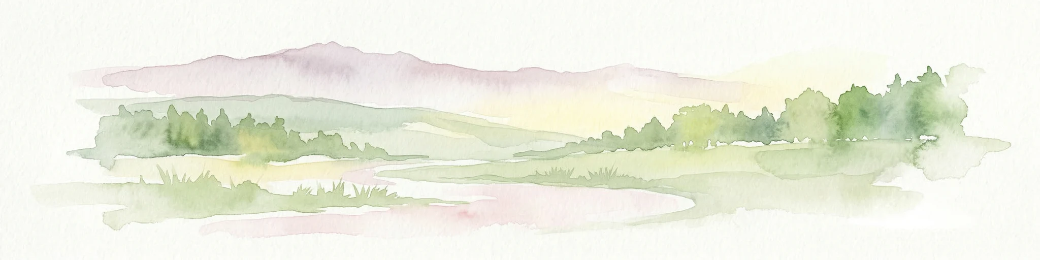 Ilustración acuarela de un paisaje montañoso con bosques, lagos y colinas ondulantes bajo un cielo claro
