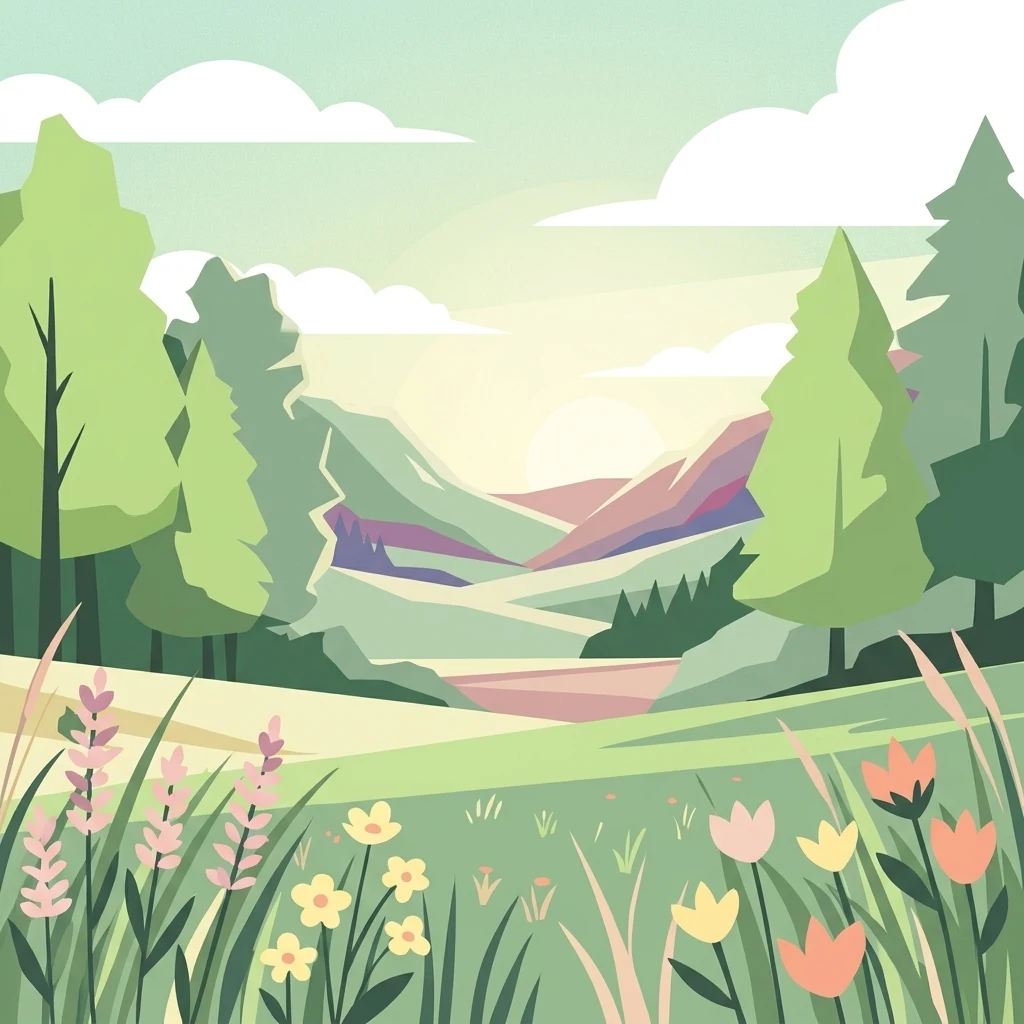 A flat-style digital illustration of a spring meadow with colorful wildflowers in the foreground and rolling hills with forests in the background under a pale sky.