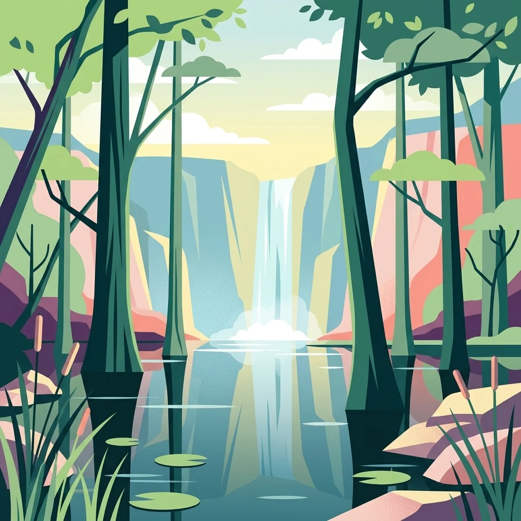 A stylized vector illustration of a waterfall flowing into a calm body of water, surrounded by tall trees and lush vegetation including lily pads and cattails.