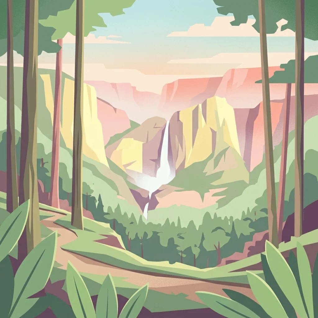 Una ilustración vectorial estilizada de una cascada en un cañón, enmarcada por altos árboles del bosque a los lados y un primer plano frondoso, representada en una paleta de verdes, rosas y amarillos.