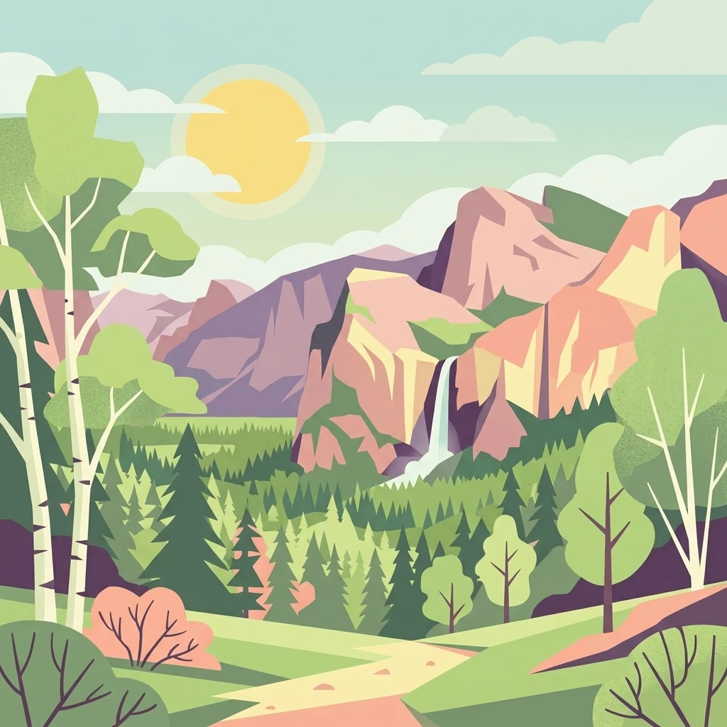 A flat-design vector illustration of a scenic valley with a sun in the sky, rocky mountains in the background, a small waterfall, a pine forest, and deciduous trees in the foreground with a trail path.