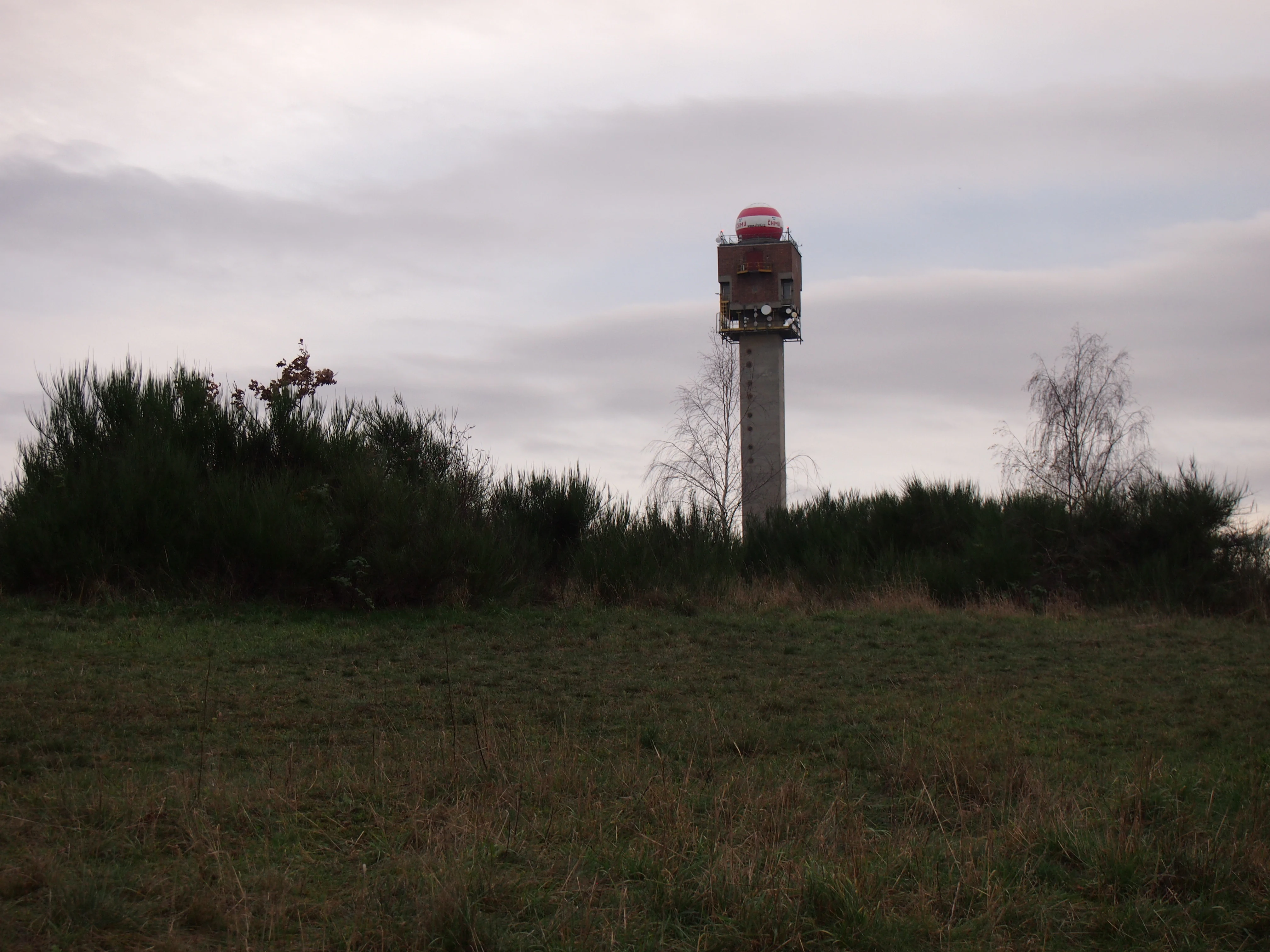 A tall, industrial-looking hydrometeorological tower with a red and white dome stands in the distance behind a line of dense bushes and a grassy field.