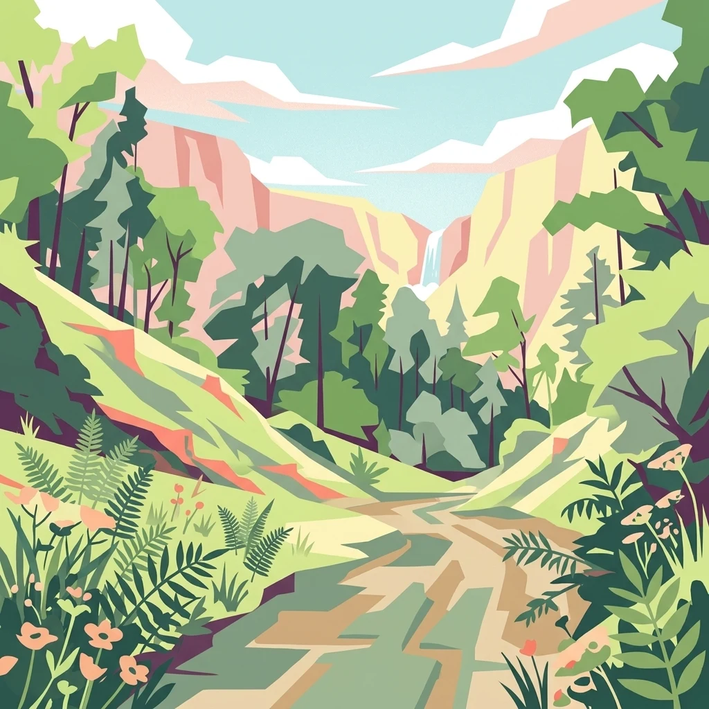 Una ilustración digital de estilo plano de un sendero natural que serpentea por un valle verde y frondoso con flores silvestres en primer plano y una cascada en la distancia.