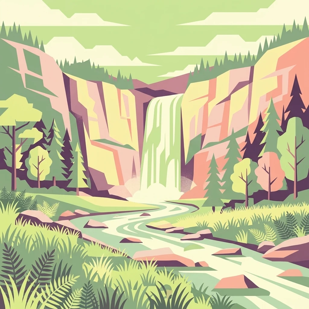 A flat-style digital illustration of a waterfall flowing into a river through a forested canyon with rocky cliffs and meadow vegetation.