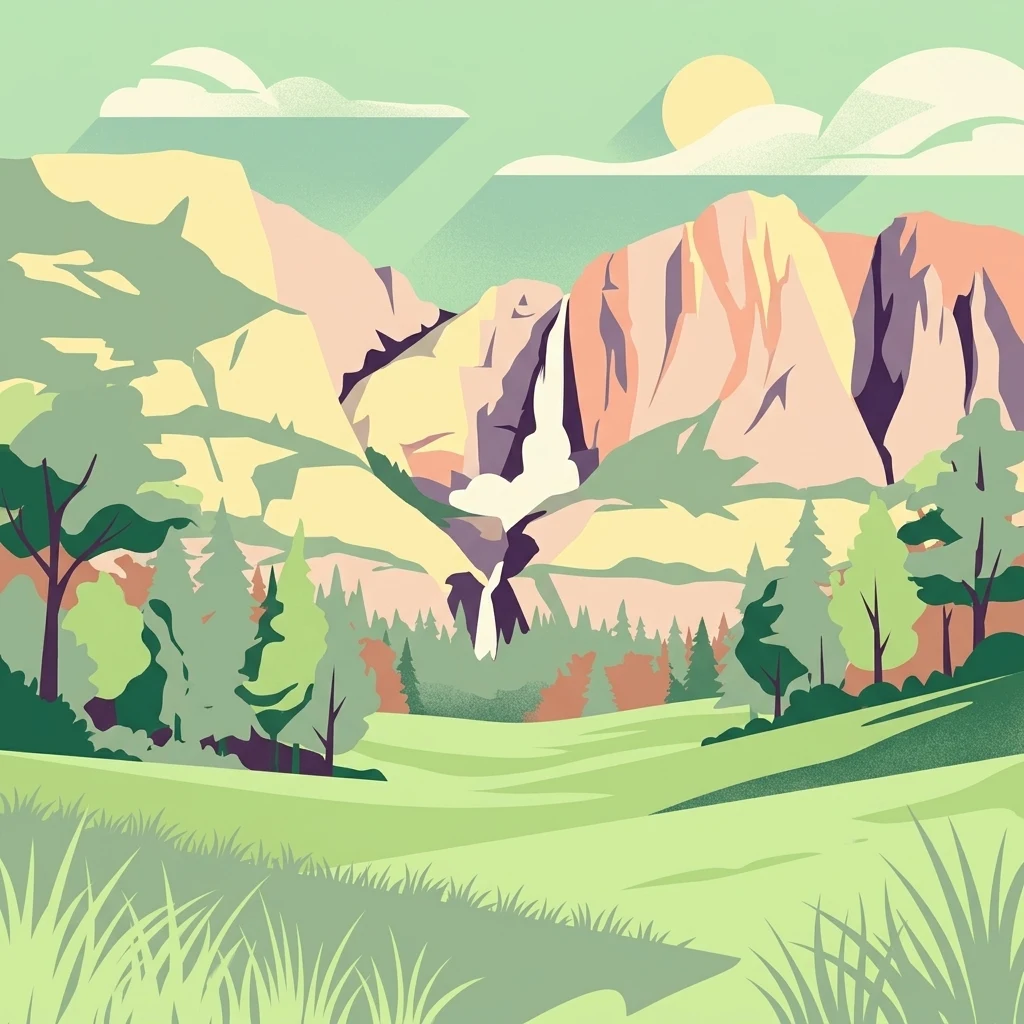 A flat-style digital illustration depicting a wide, sunlit valley bordered by forested slopes, with a tall waterfall cascading down a sheer rock face in the background.