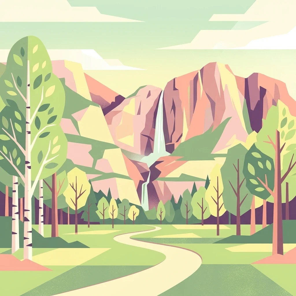 A flat-design, vector-style illustration showing a winding path leading through a forest toward a waterfall cascading down a high mountain cliff.