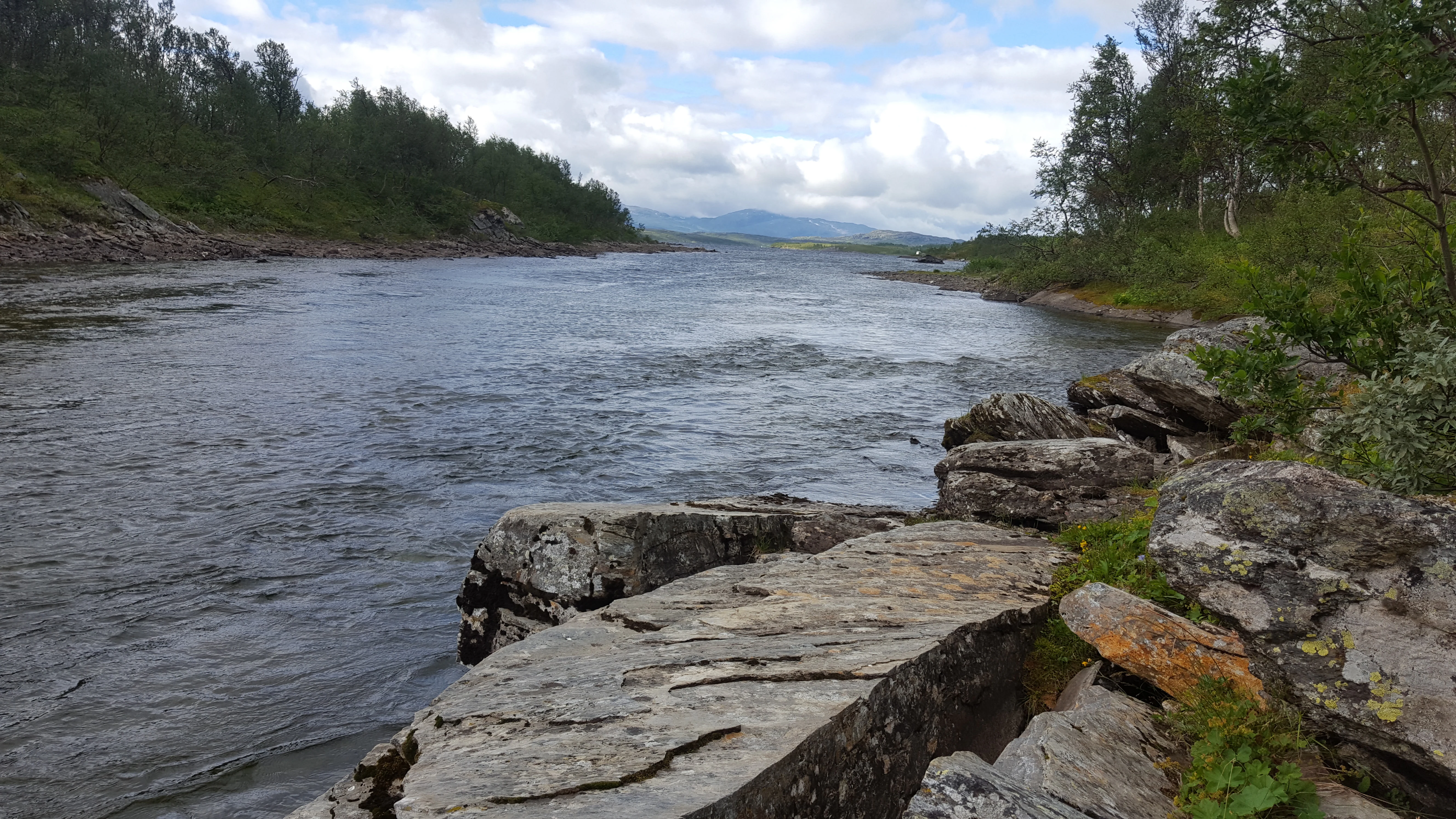A river flowing through rocky terrain with trees on both banks under a partly cloudy sky