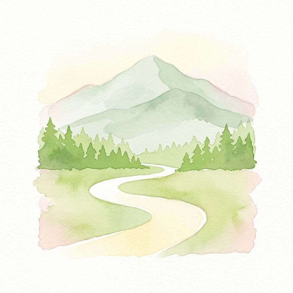Pintura en acuarela de un sendero sinuoso a través de un valle boscoso con una montaña al fondo.