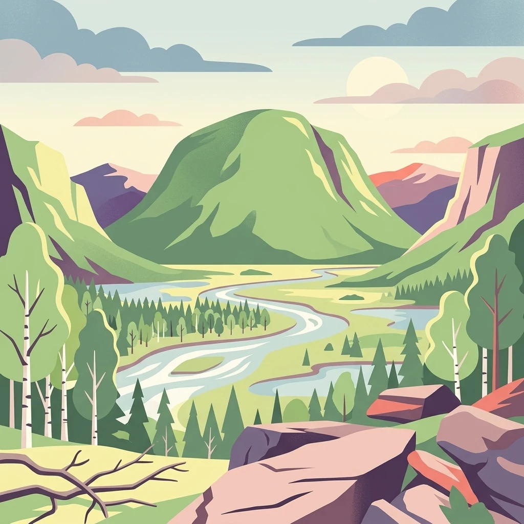 Stylized illustration showing a mountain, winding river, forest, and rocks under a partly cloudy sky