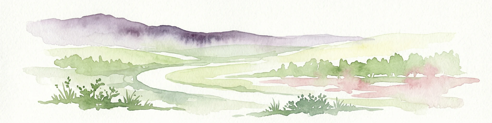 Ilustración en acuarela que muestra montañas al fondo, un río sinuoso y vegetación en primer plano