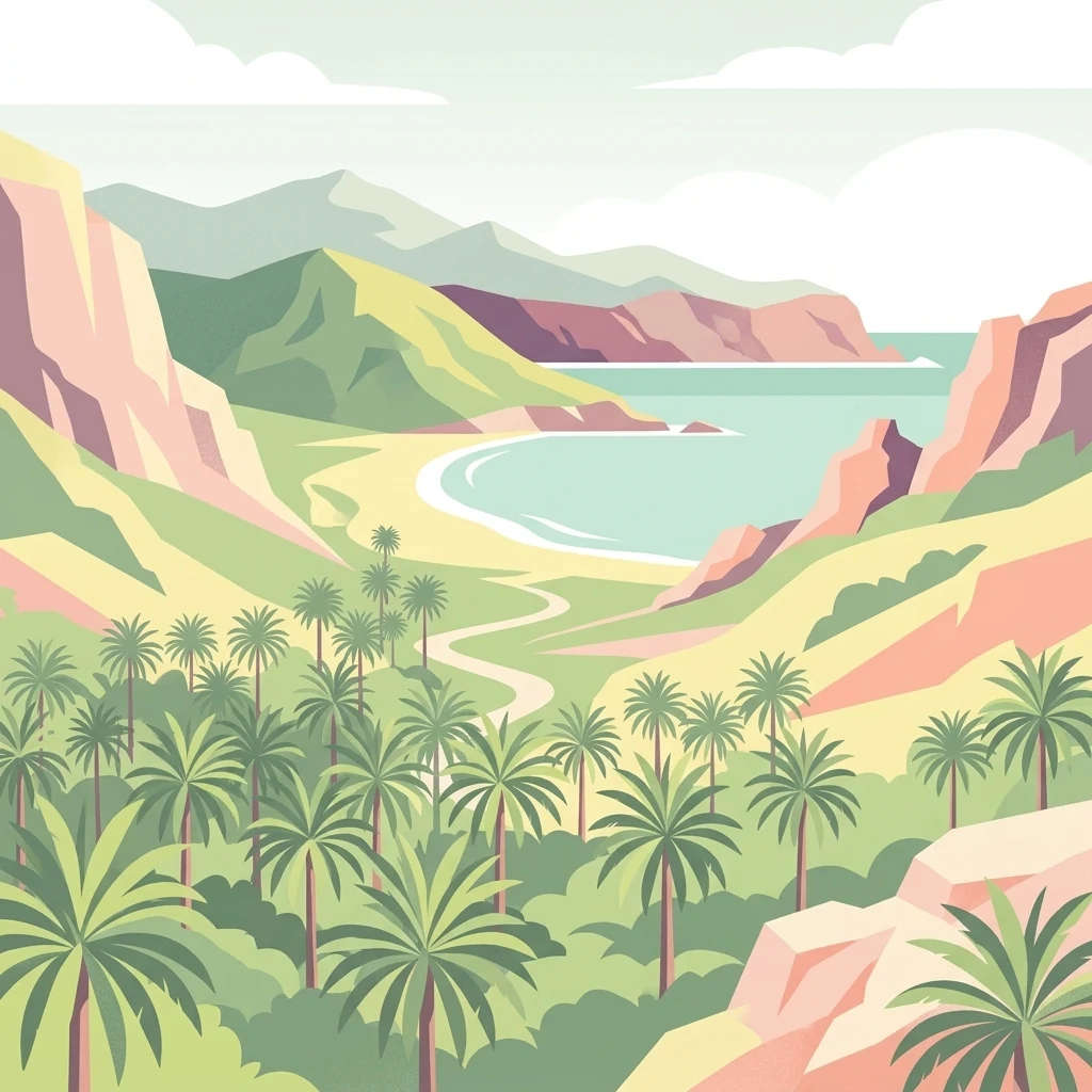 Una ilustración digital de estilo plano que muestra un bosque de palmeras en un valle que desciende hasta una playa de arena y una bahía turquesa, rodeado de colinas onduladas.