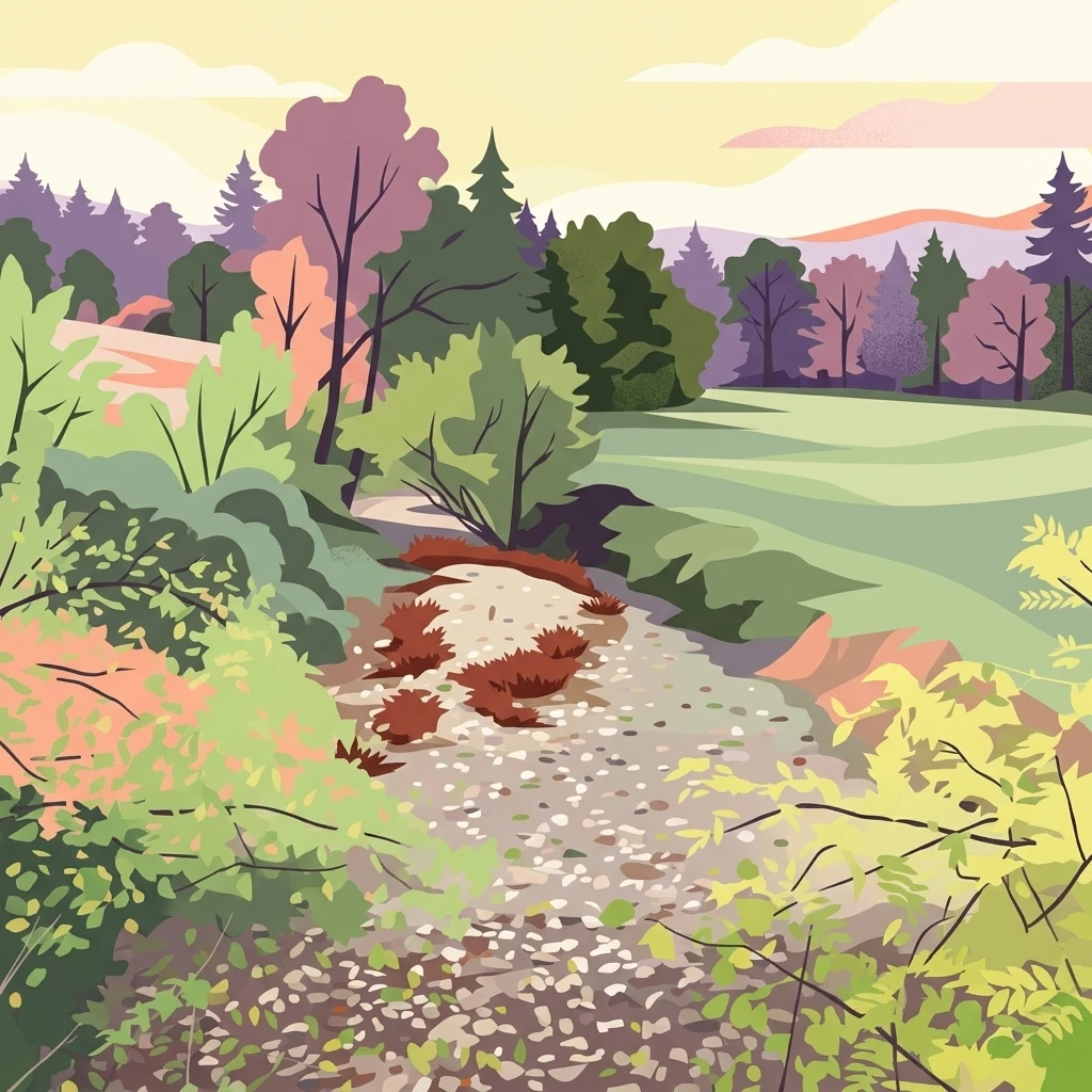Digital illustration of a rocky trail leading through a vibrant landscape with trees, shrubs, and rolling hills under a soft sky.