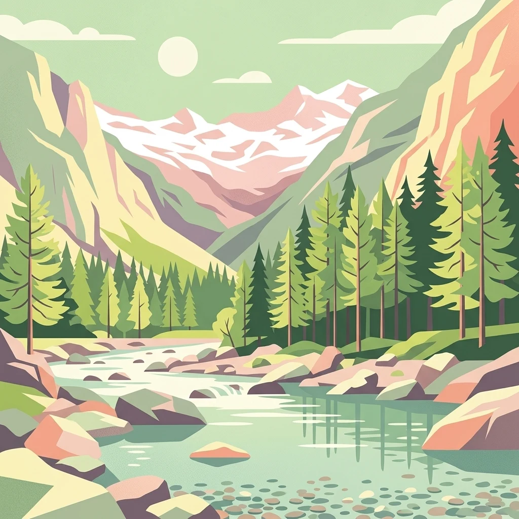 A flat-style digital illustration of a mountain valley with a river flowing through it, flanked by pine forests and high, light-colored granite peaks under a pale sun.