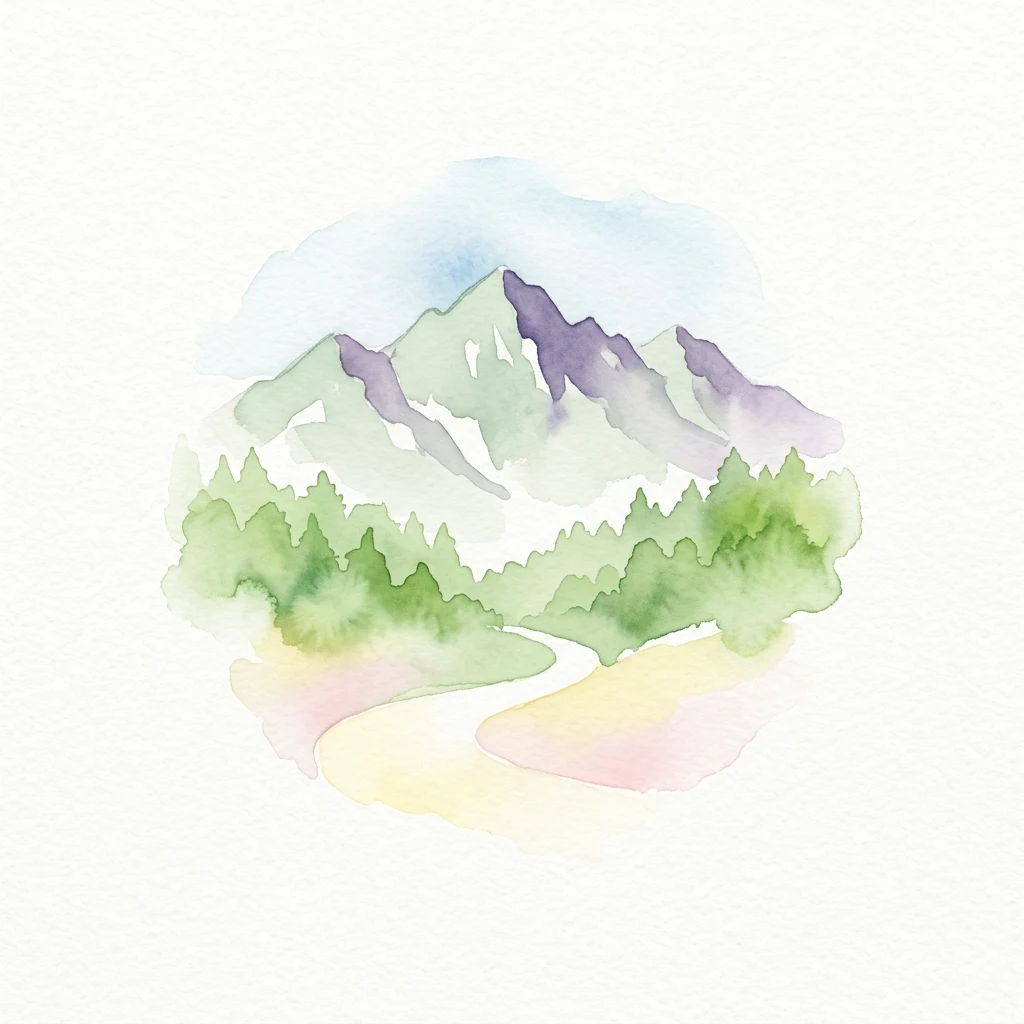 Pintura de acuarela de montañas verdes, bosque y sendero sinuoso