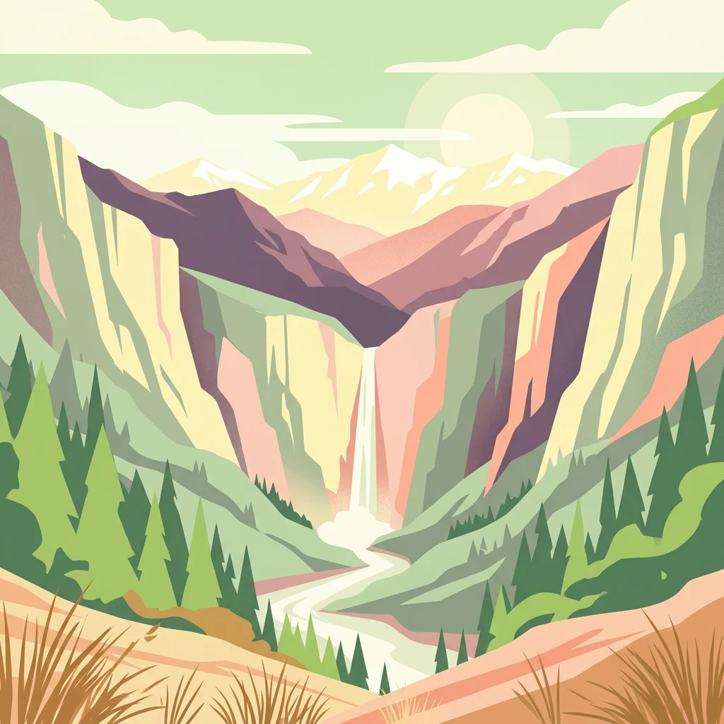 Illustration of a mountain valley with a waterfall, dense forests, and distant snow-capped peaks under a partly cloudy sky