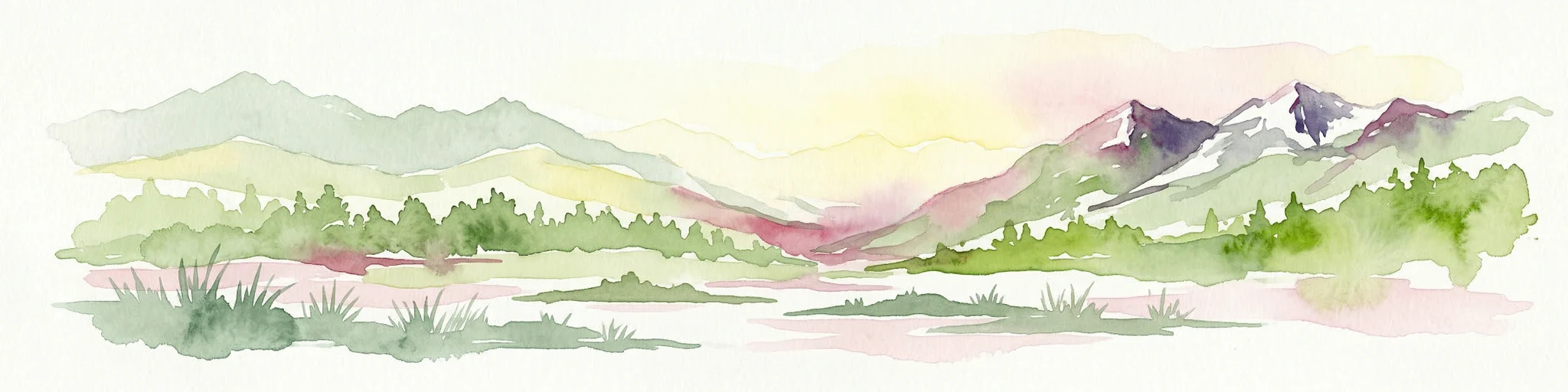 Ilustración de acuarela que muestra montañas verdes, bosques, un río y picos nevados a lo lejos