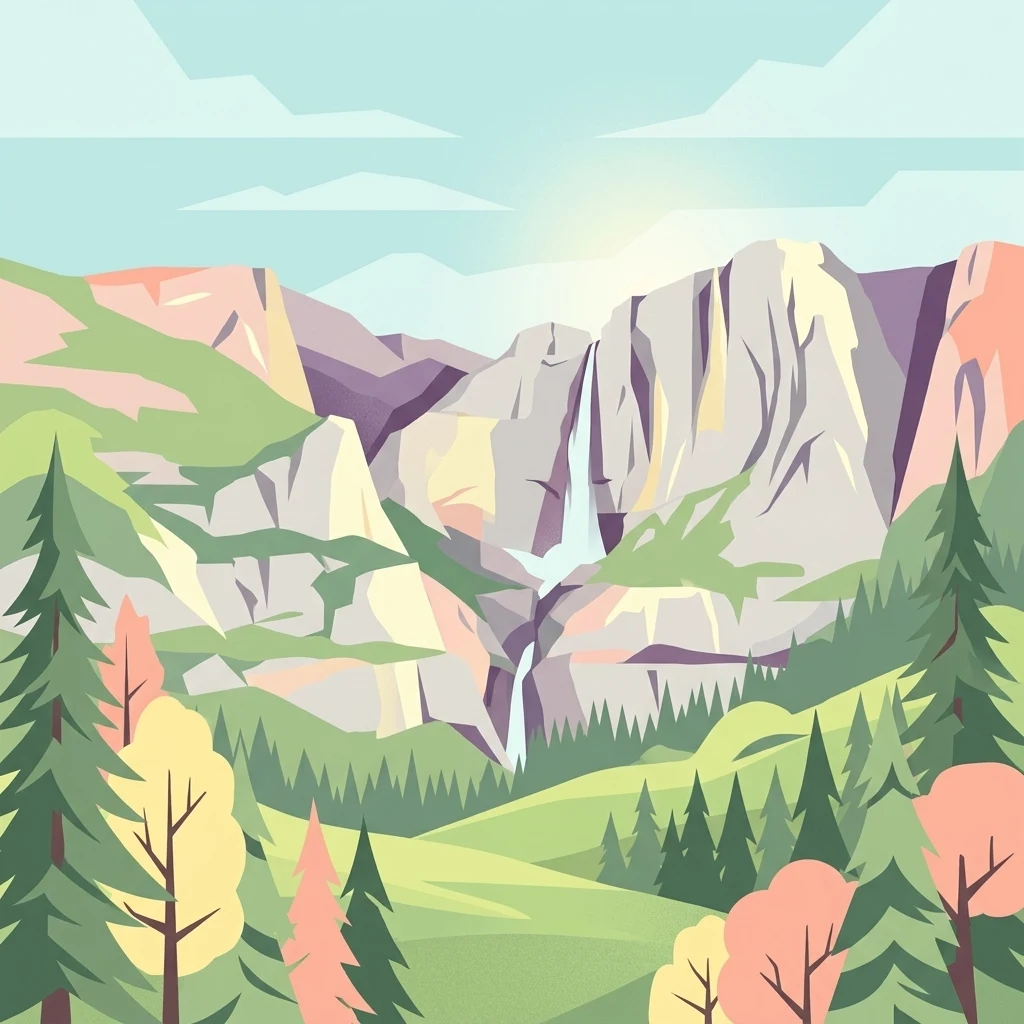 A flat vector-style illustration of a mountain valley featuring a prominent cascading waterfall, rocky cliffs, and surrounding evergreen and deciduous forests under a pale sky.