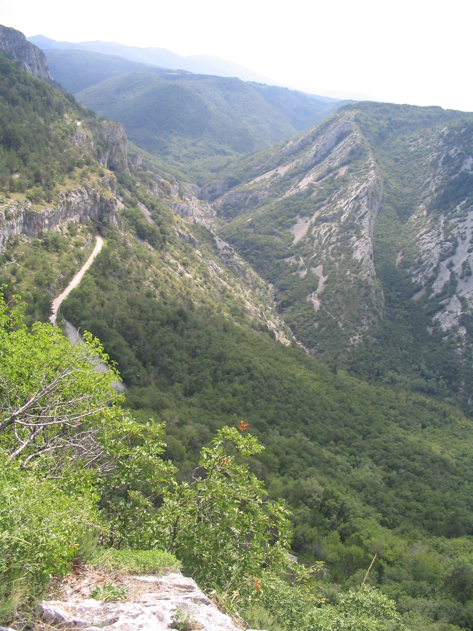 A high-angle view of a deep, green limestone valley with rocky cliffs and a thin trail visible along the side of the slope.