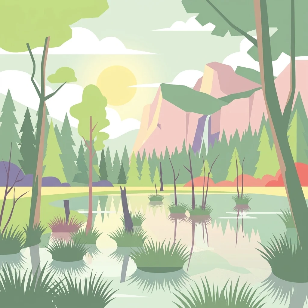 A flat vector-style digital illustration showing a tranquil forest pond with swampy reeds, pine trees, and a distant rocky mountain range under a pale sun.