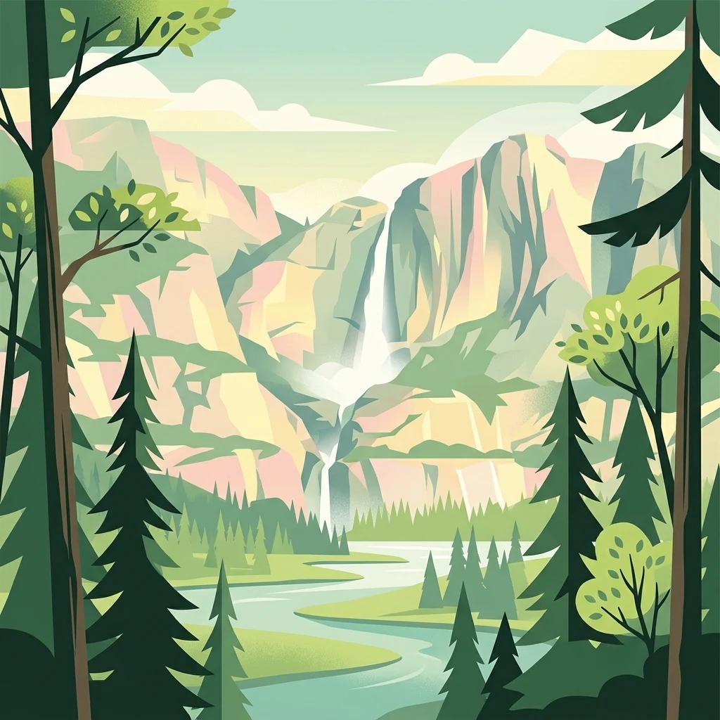 A stylized, flat-design illustration showing a tall waterfall cascading down high cliffs into a river, framed by evergreen trees in the foreground.