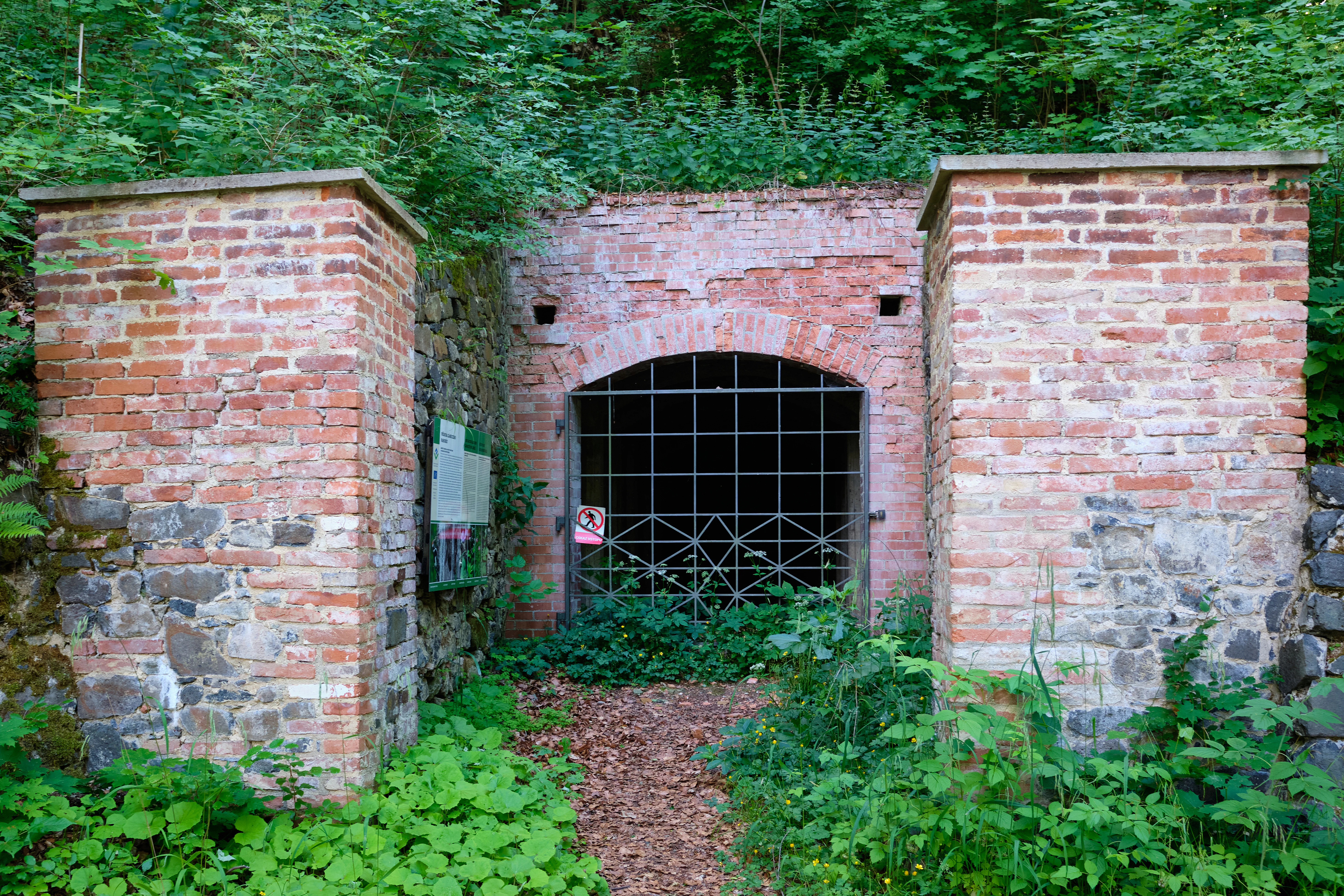 A brick entrance gate leading into a gated dark tunnel or cellar, set into a green hillside overgrown with foliage.