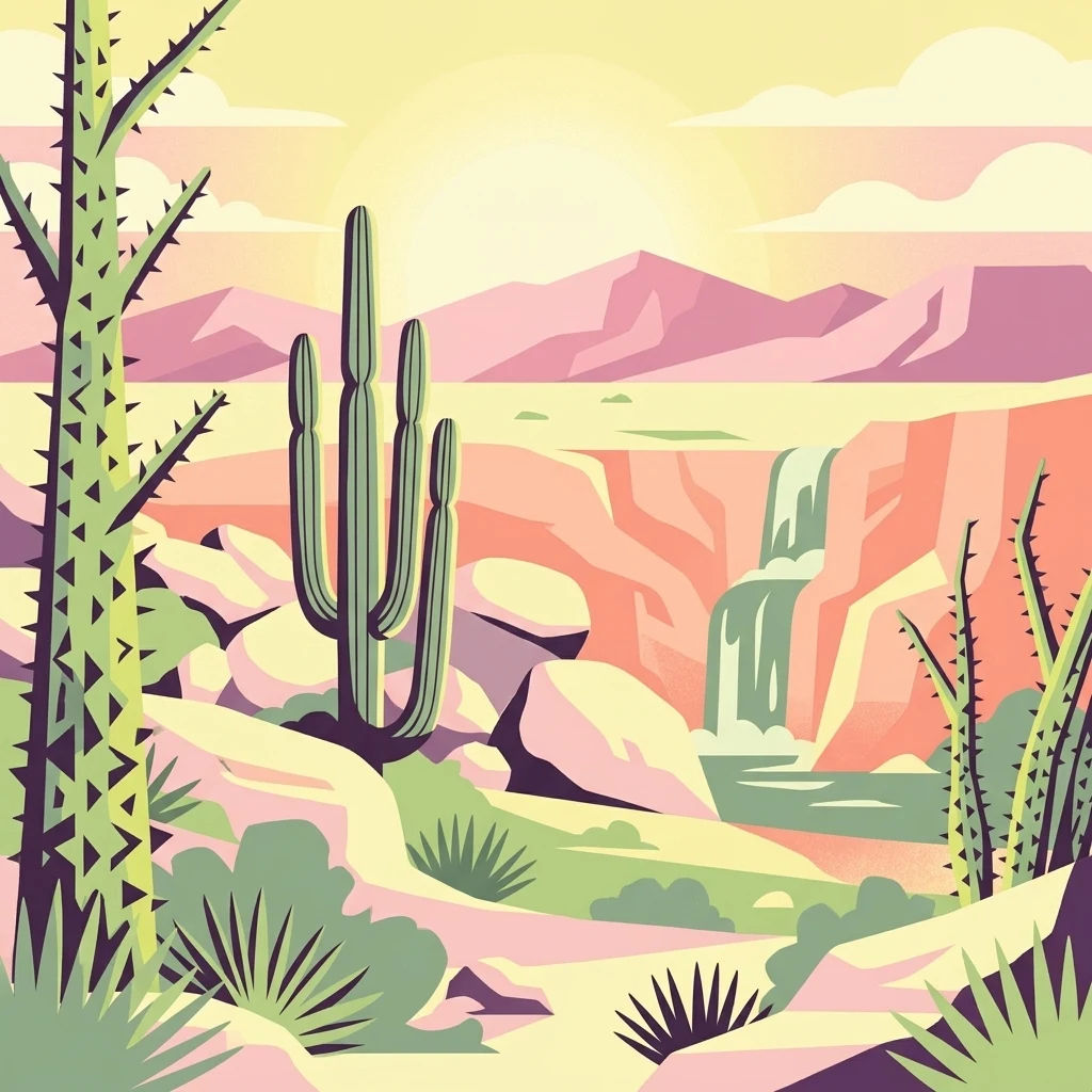 A stylized vector illustration of a desert landscape at sunrise, showing a tall cirio tree in the foreground left, a saguaro-like cactus in the center, and a small waterfall flowing into a pool in the middle-ground, set against a backdrop of desert mountains.