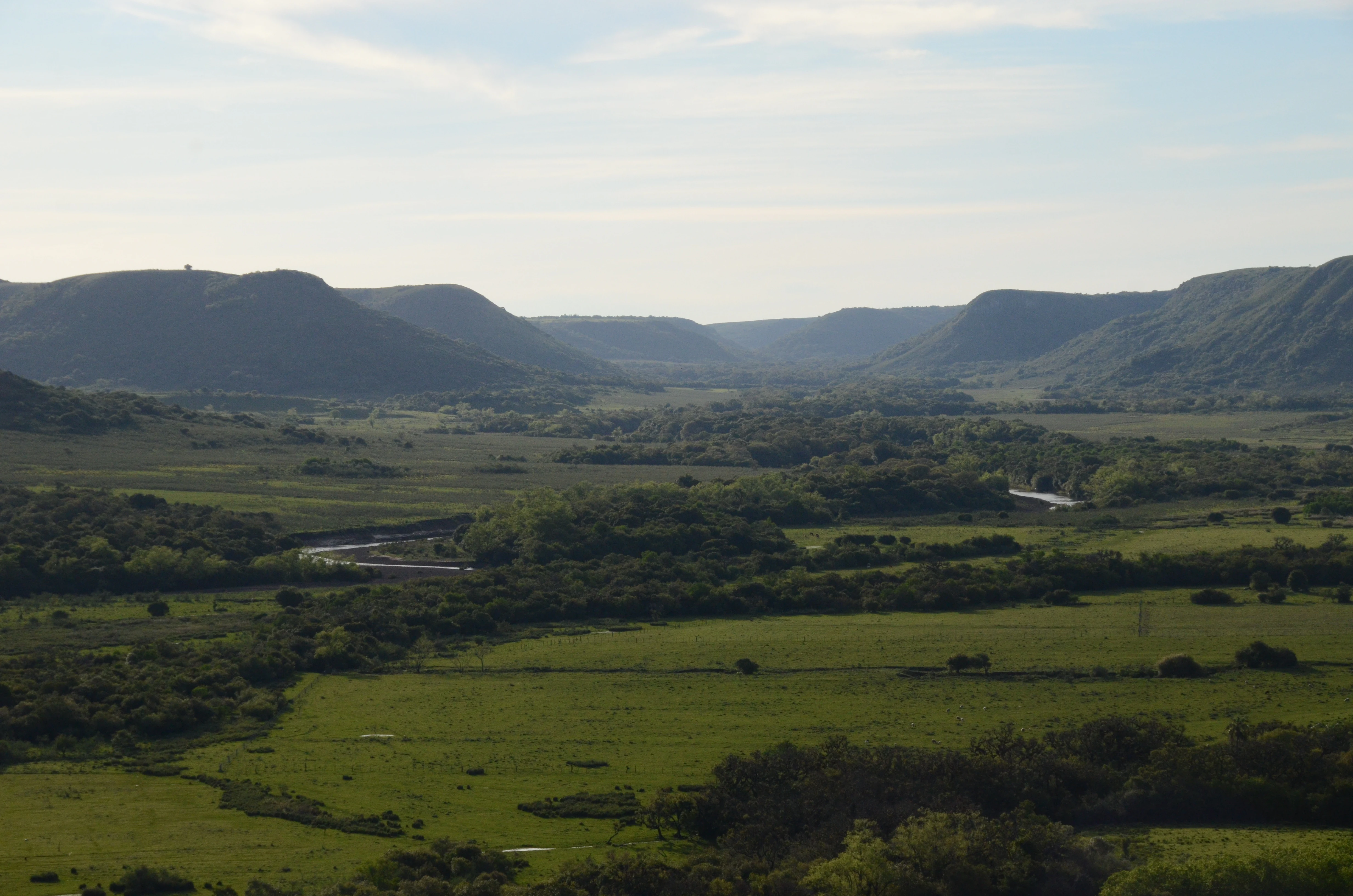 Una amplia toma del paisaje de un valle verde y cubierto de hierba, enclavado entre colinas onduladas y boscosas bajo un cielo pálido.