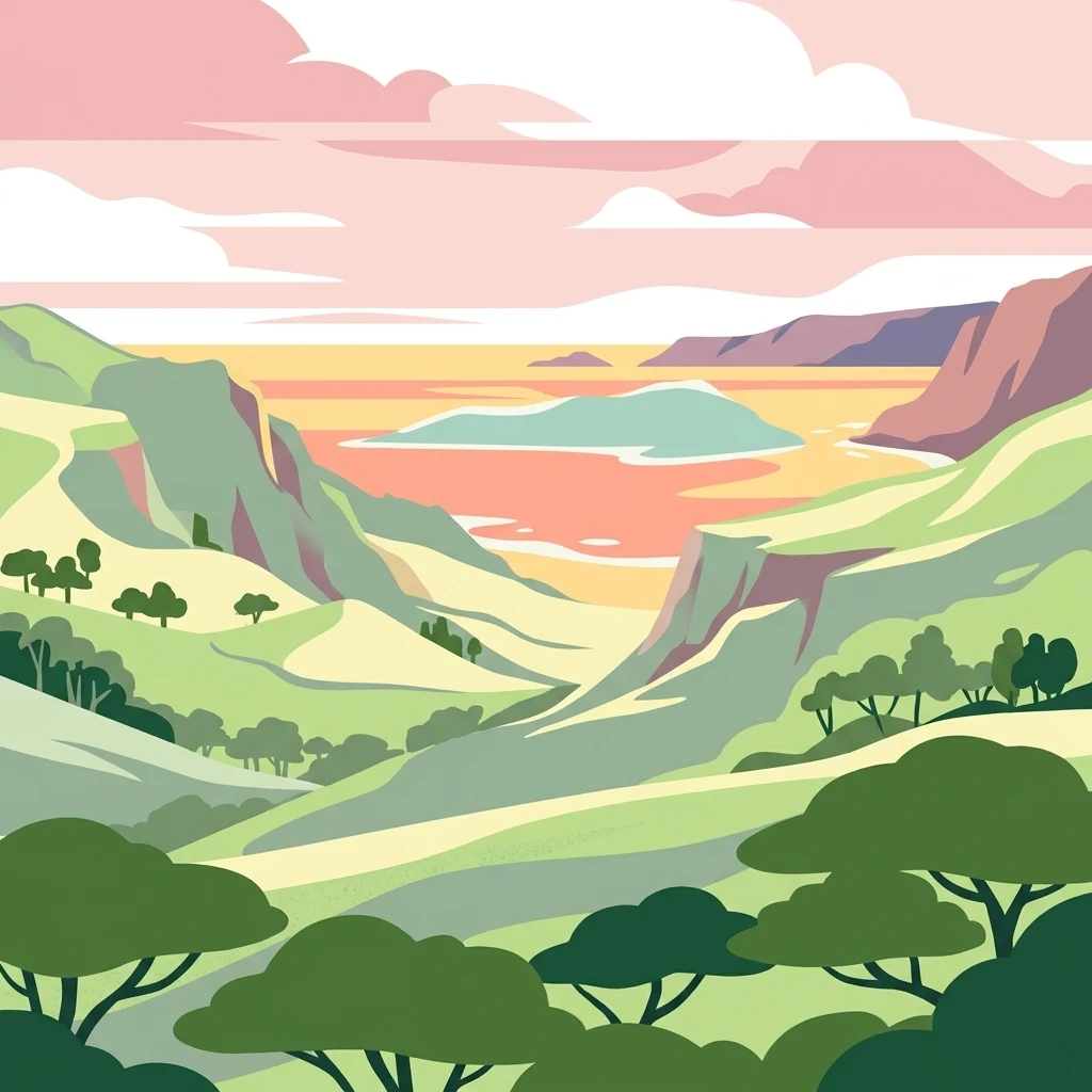 A digital illustration of a green valley framed by rolling hills, leading toward a calm sea under a soft pink and orange sunset sky.