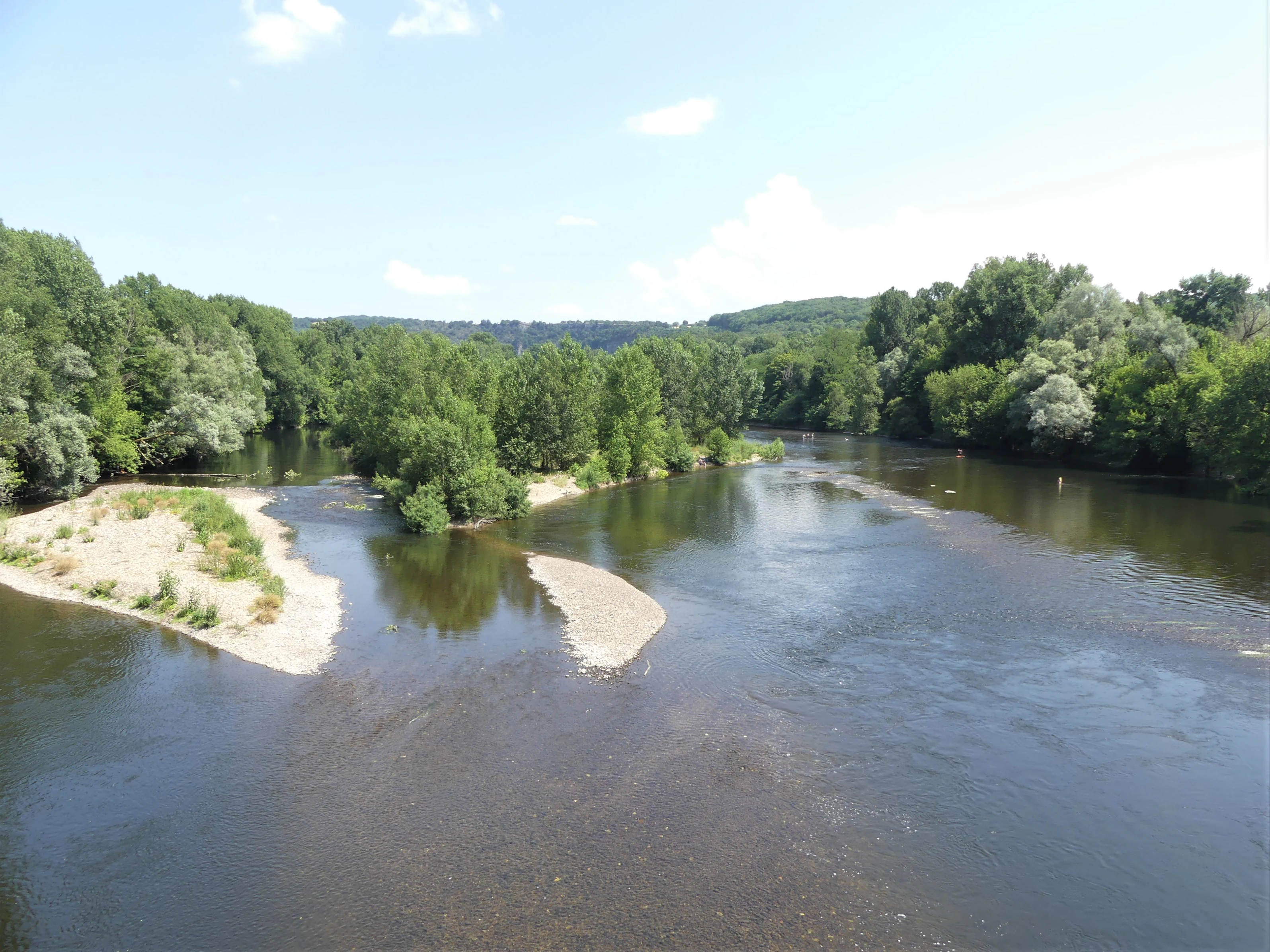 A wide, calm river winding through a dense green forest with small gravel bars visible in the water under a clear blue sky.