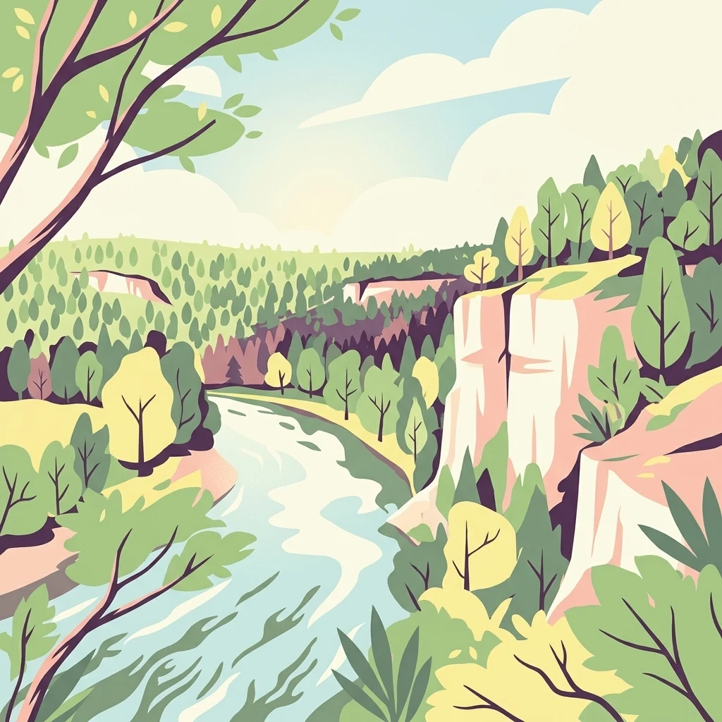 Una ilustración vectorial estilizada de un río serpenteando a través de un valle, flanqueado por altos acantilados de piedra caliza, densos bosques y un cielo brillante y suave.