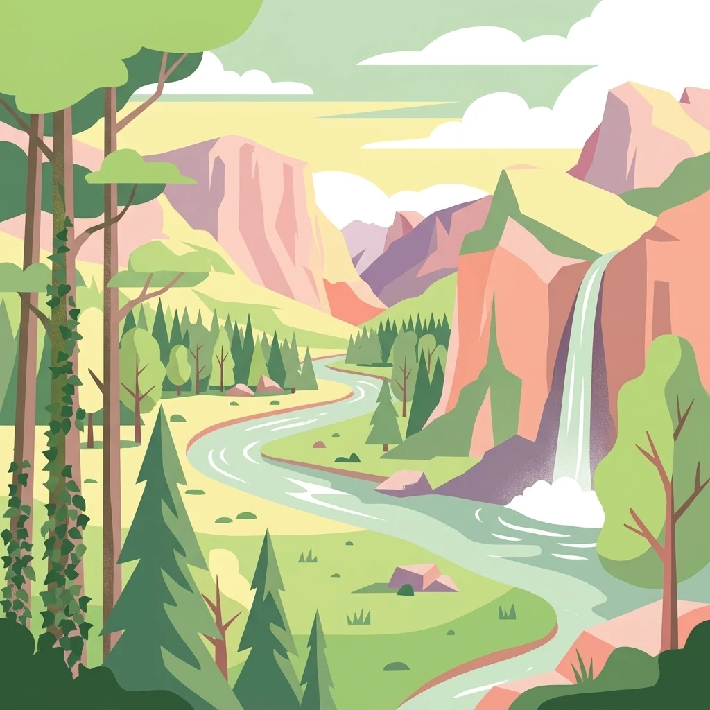 Digital vector-style illustration of a scenic valley featuring a winding river, towering cliffs, and a waterfall cascading down the rock face, surrounded by trees.