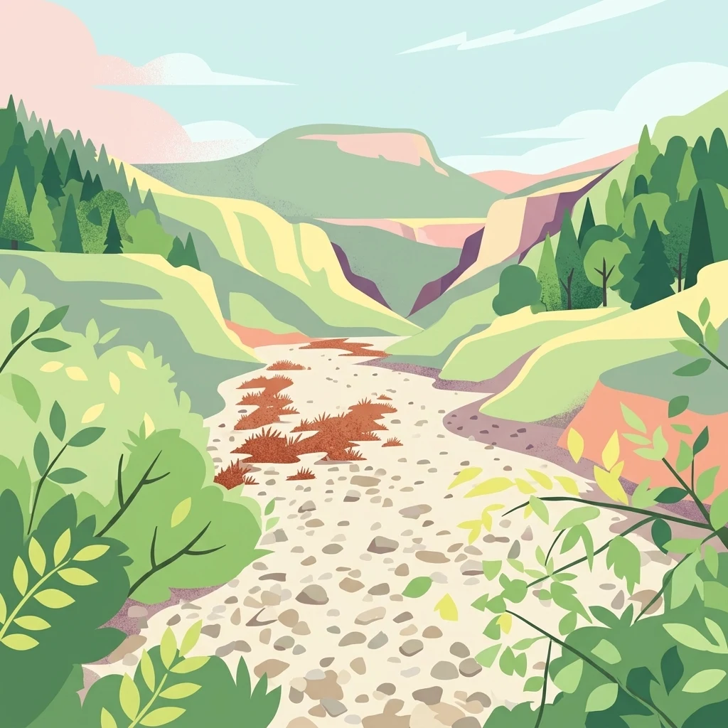 A digital illustration showing a view looking down into a green valley with a dry rocky riverbed in the center, flanked by forested hills and rising cliffs under a light sky.