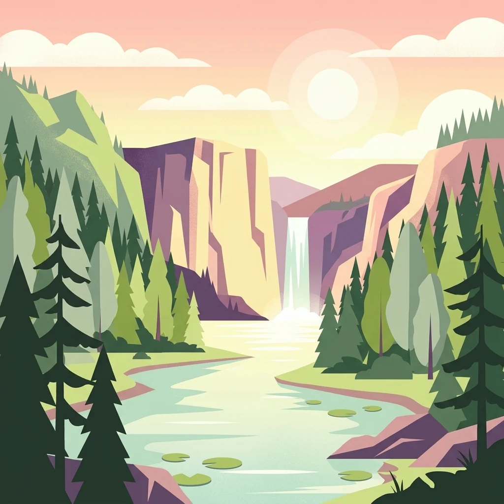 Ilustración digital de estilo plano que muestra un río fluyendo por un valle montañoso boscoso con una cascada al fondo bajo un cielo al amanecer.