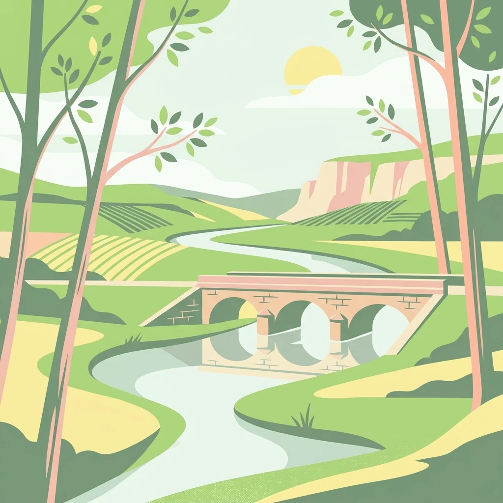 A flat vector-style illustration of a river valley with a stone arched bridge in the midground, framed by stylized trees, with green hills and a gentle sun in the background.