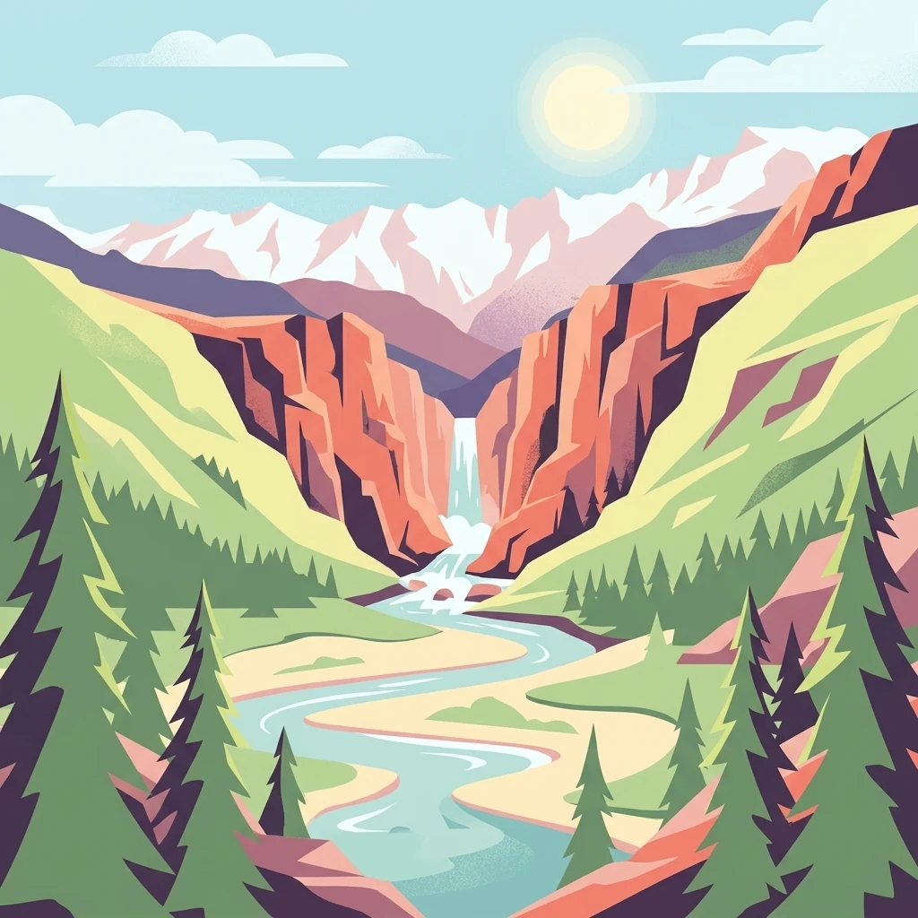 A digital illustration of a mountainous valley featuring a central waterfall flowing into a river that curves through a landscape of green forests and rugged cliffs, under a sunlit sky.