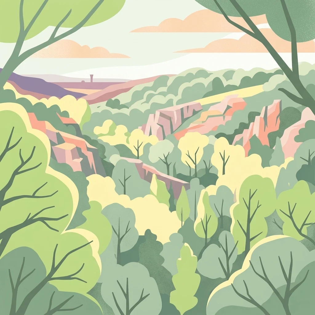 A digital illustration of a forested valley framed by tree branches in the foreground, showing rolling green hills and rocky limestone cliff faces under a soft sky.