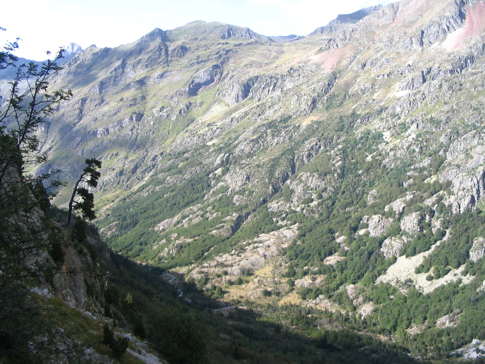 A wide view of a deep, rocky glacial valley in the French Pyrenees with forested slopes and mountain ridgelines.