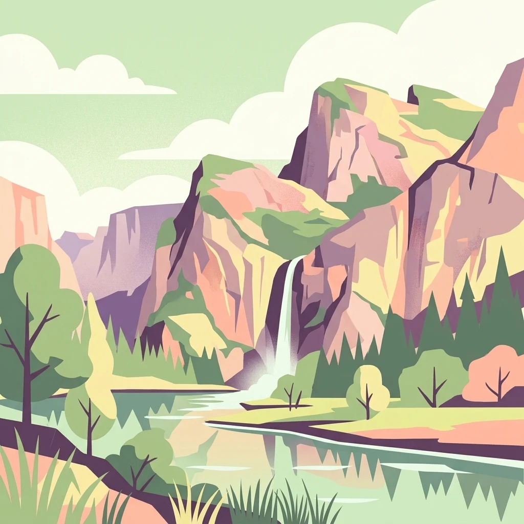 A flat-style digital illustration featuring a mountainous landscape with a waterfall flowing into a river in the foreground surrounded by trees.