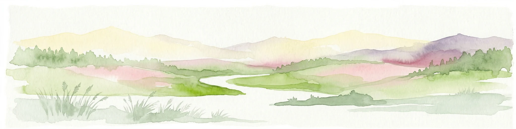 Ilustración acuarela de colinas ondulantes, un río serpenteante y campos con montañas distantes
