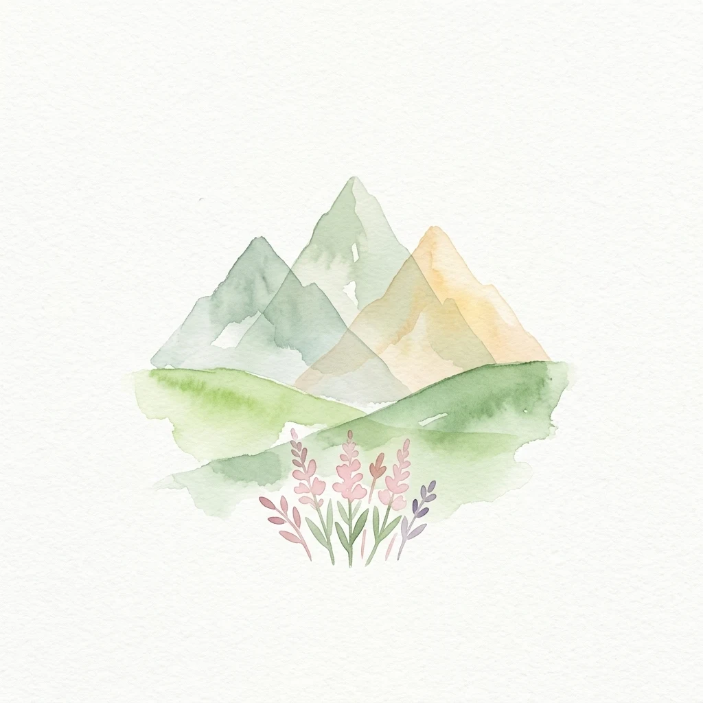 Pintura de acuarela de tres picos montañosos con tonos verdes y amarillos, colinas ondulantes y flores silvestres rosas y púrpuras en primer plano