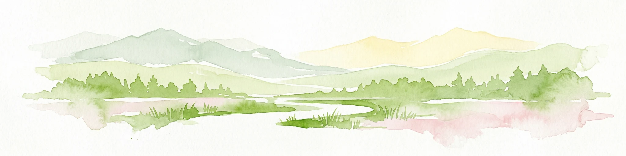 Pintura de acuarela que representa montañas, un río y árboles bajo un cielo claro