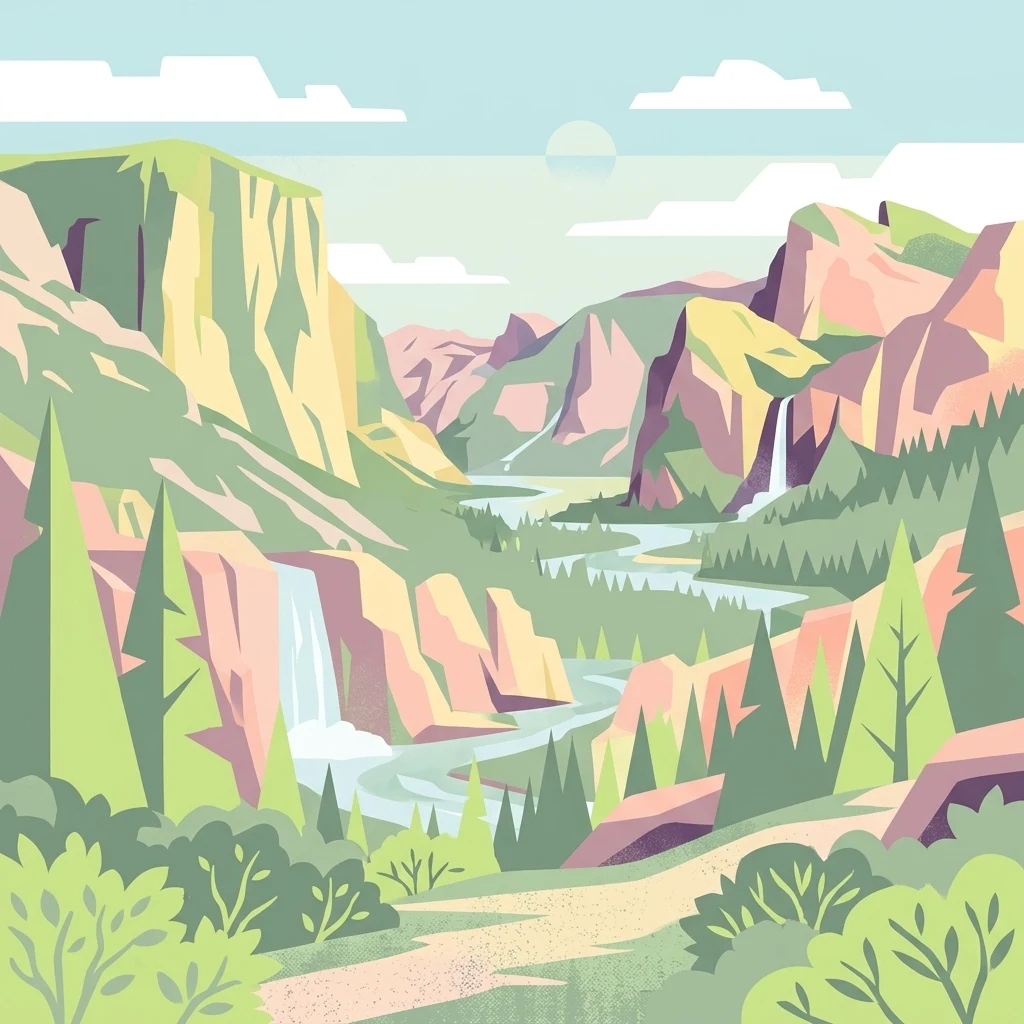 A flat-design illustration showing a mountain valley with steep cliffs, coniferous trees, waterfalls, and a river flowing through the center.