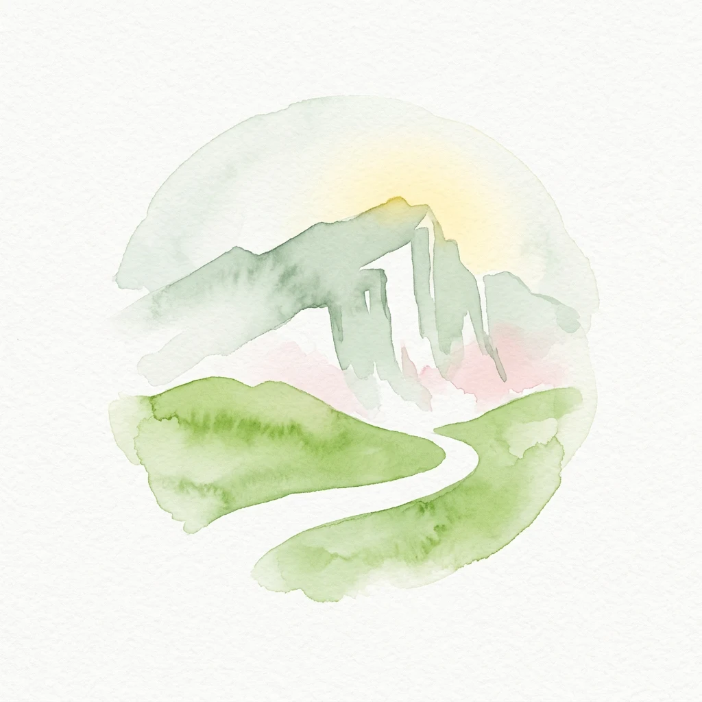 Watercolor painting of green hills, a winding path, and mountain peaks under a soft sky