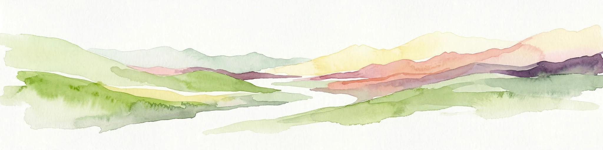 Pintura de acuarela que muestra colinas verdes, un río y montañas moradas y naranjas a lo lejos