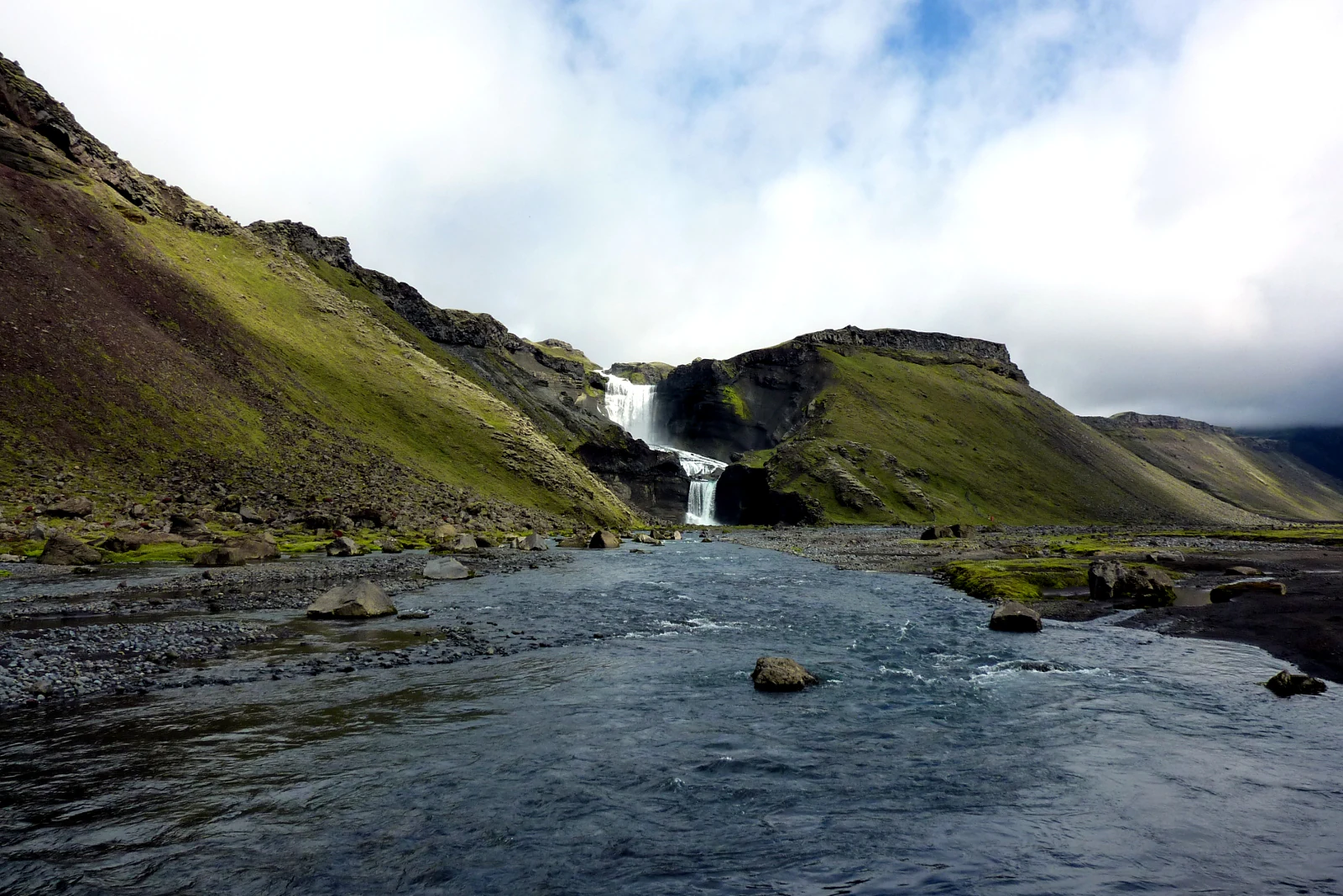 A river flows through a rocky valley with a waterfall in the background, surrounded by grassy hills under a partly cloudy sky