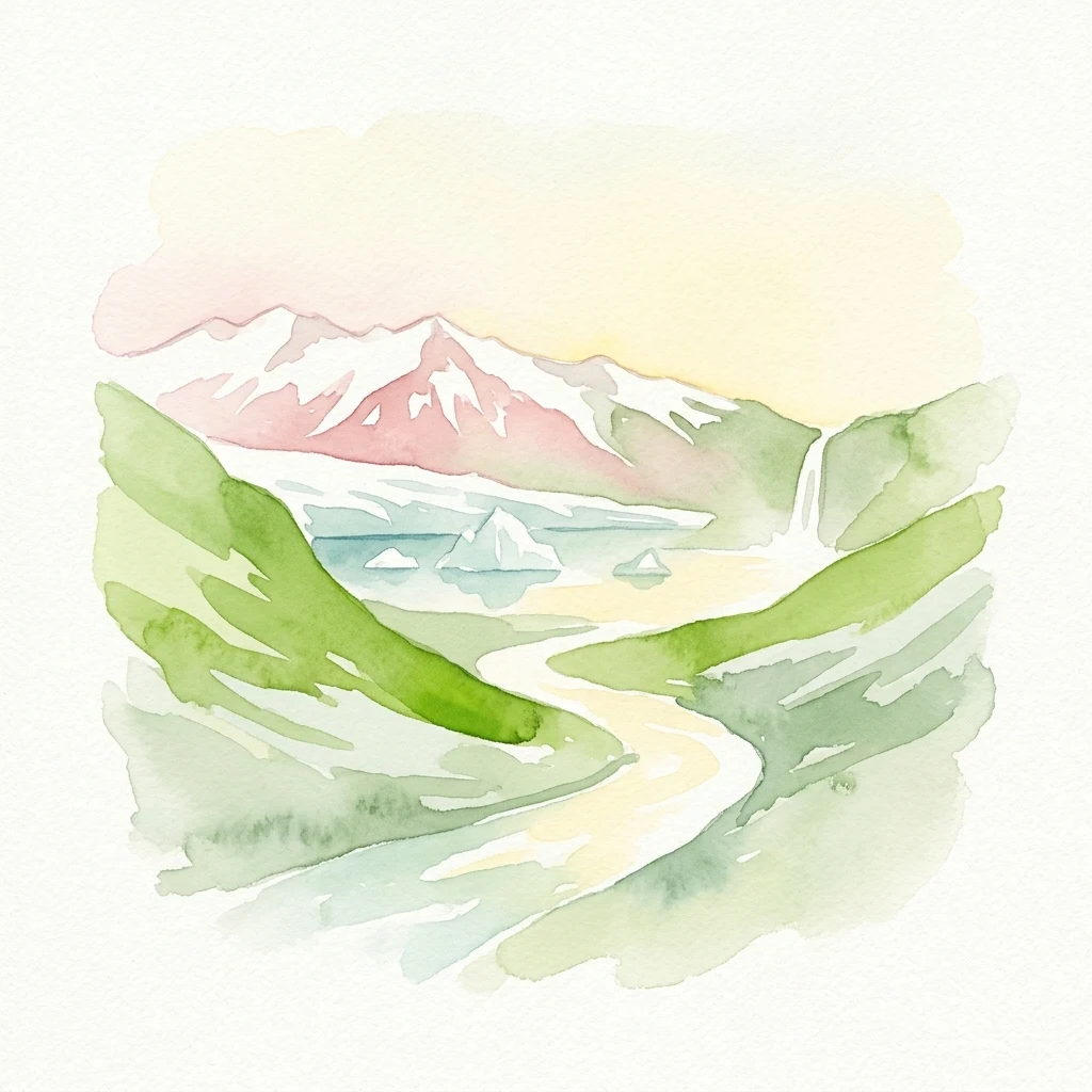 Watercolor illustration showing snow-capped mountains, green hills, a winding river, and a waterfall